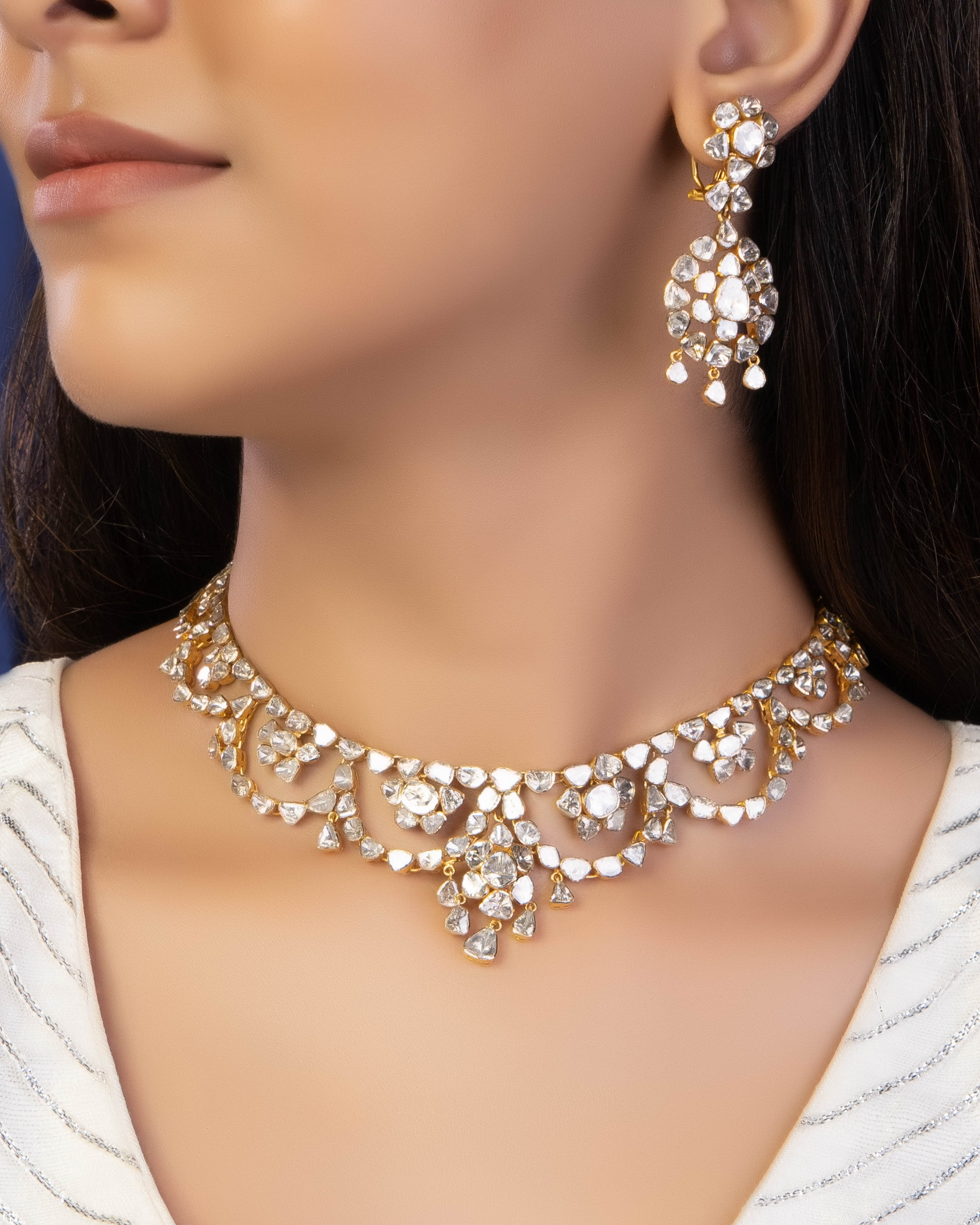 Zanaida Necklace And Rutvika Long Earrings Polki Set