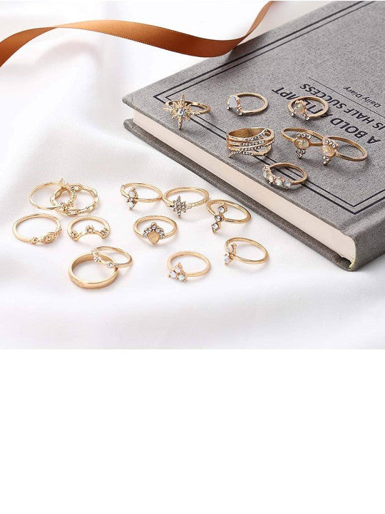Women Set of 17 Gold-Plated AD Studded Floral Finger Rings Secondary image