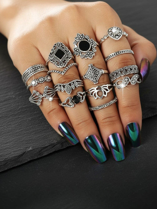 Set Of 15 Silver Plated Oxidised Rings