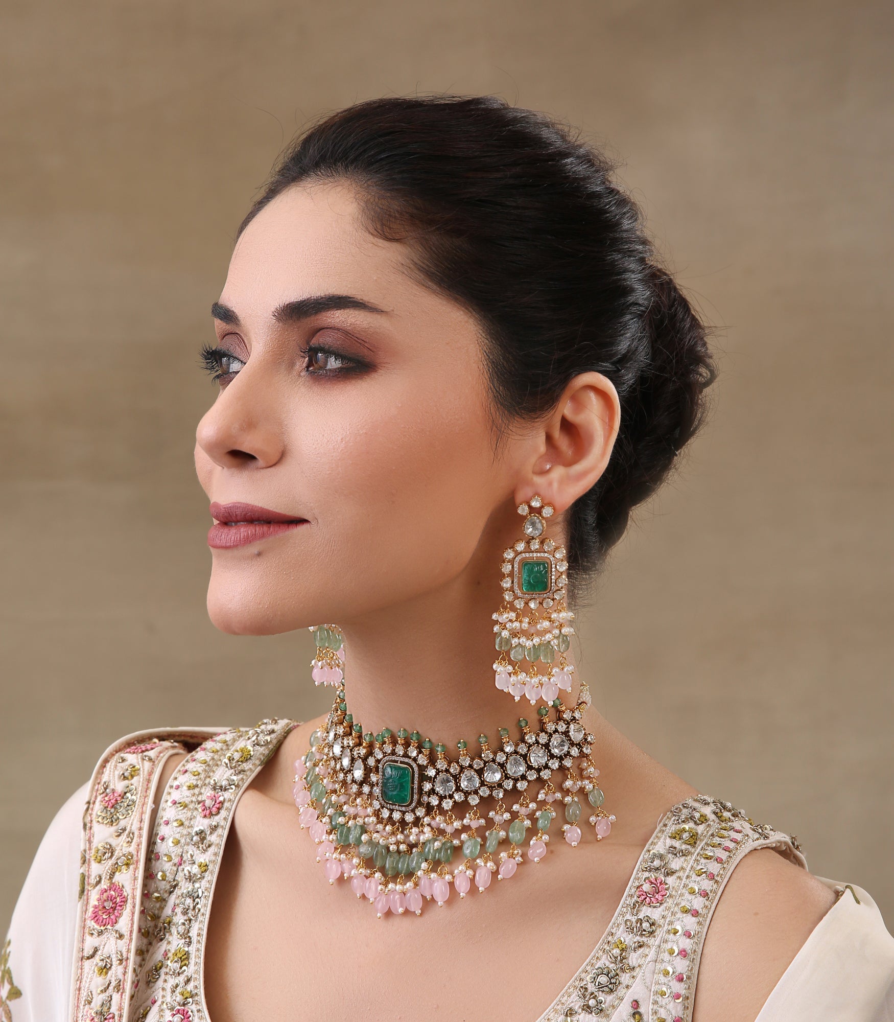 YASI GREEN & PINK POLKI NECKLACE SET