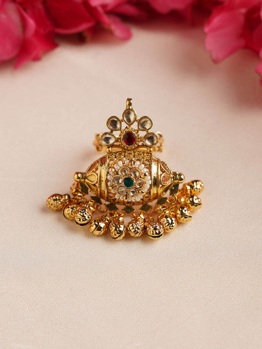 Gold-Plated Kundan Studded & Beaded Finger Ring
