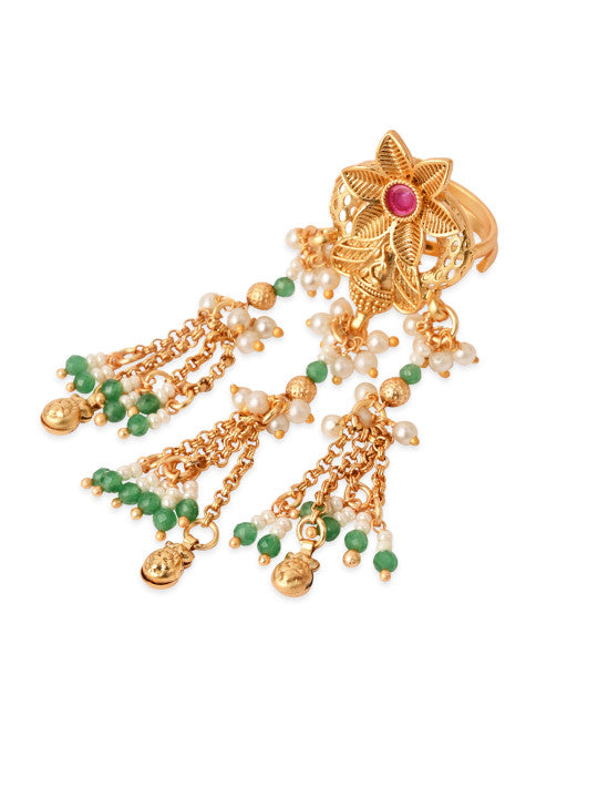 Gold-Plated Stone-Studded & Pearls Beaded Adjustable Dangle Finger Ring