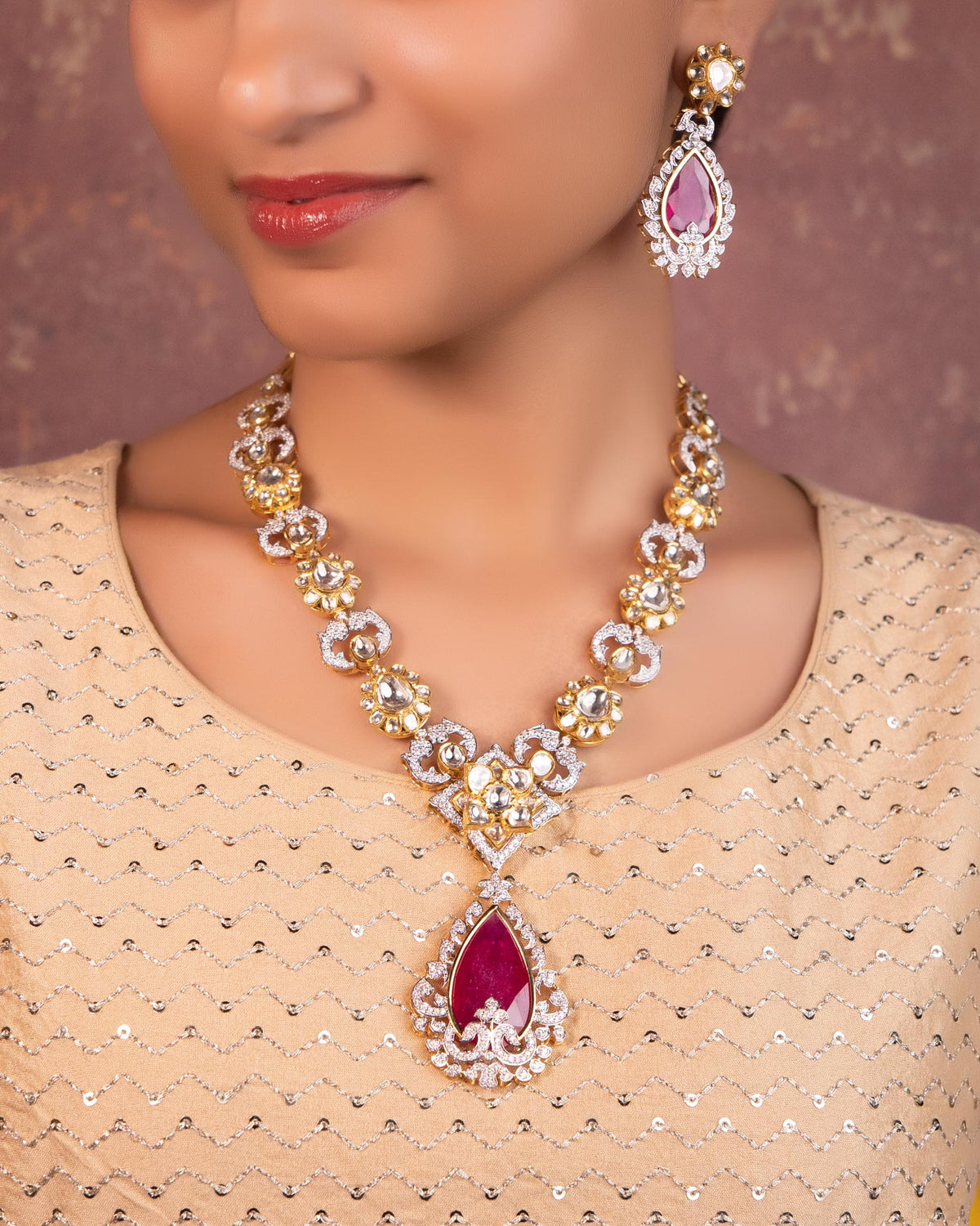 Wamini Long Necklace And Abigail Long Earrings Polki And Diamond Set