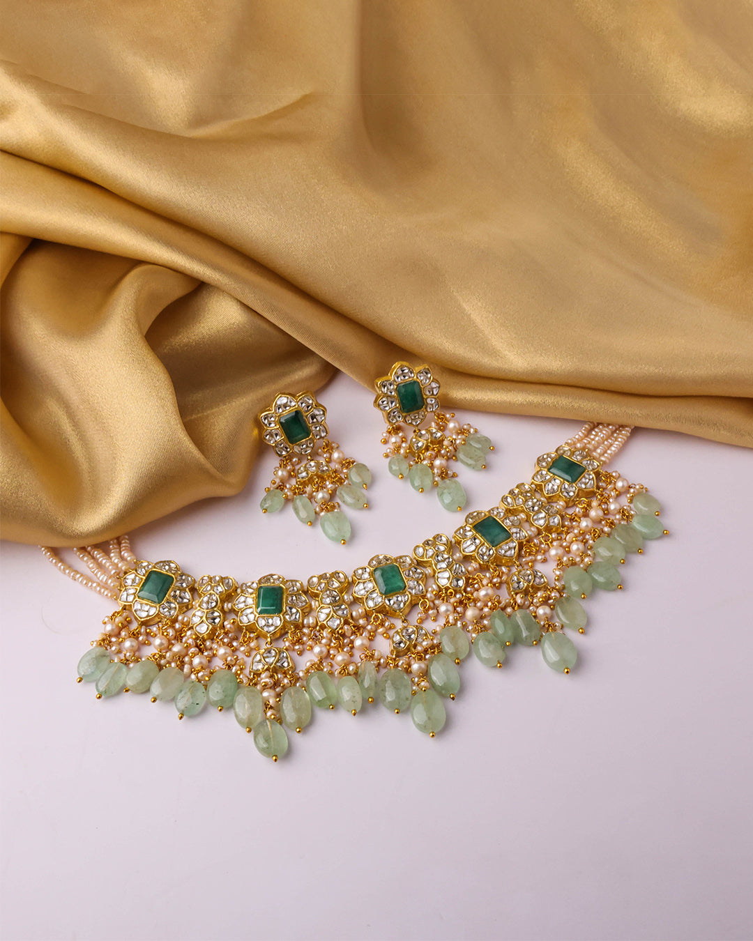 Priya Necklace And Meera Long Earrings Polki Set