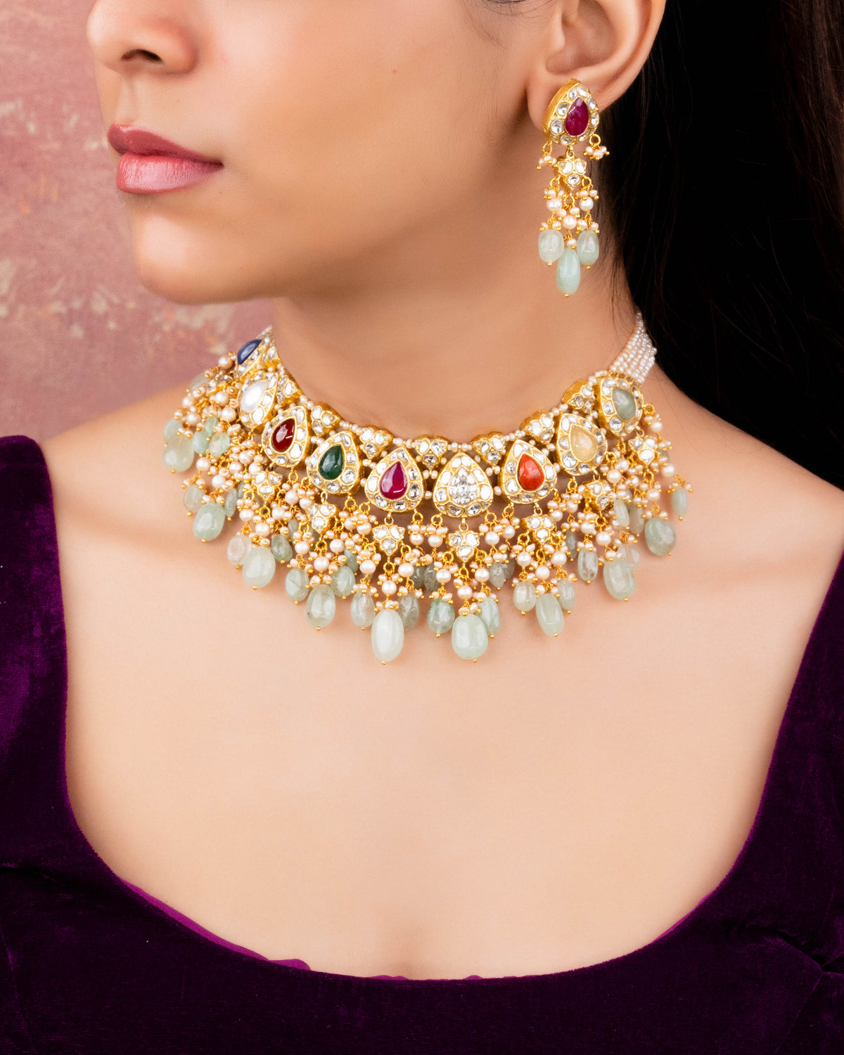 Aarini Necklace And Pihu Long Earrings Polki Set
