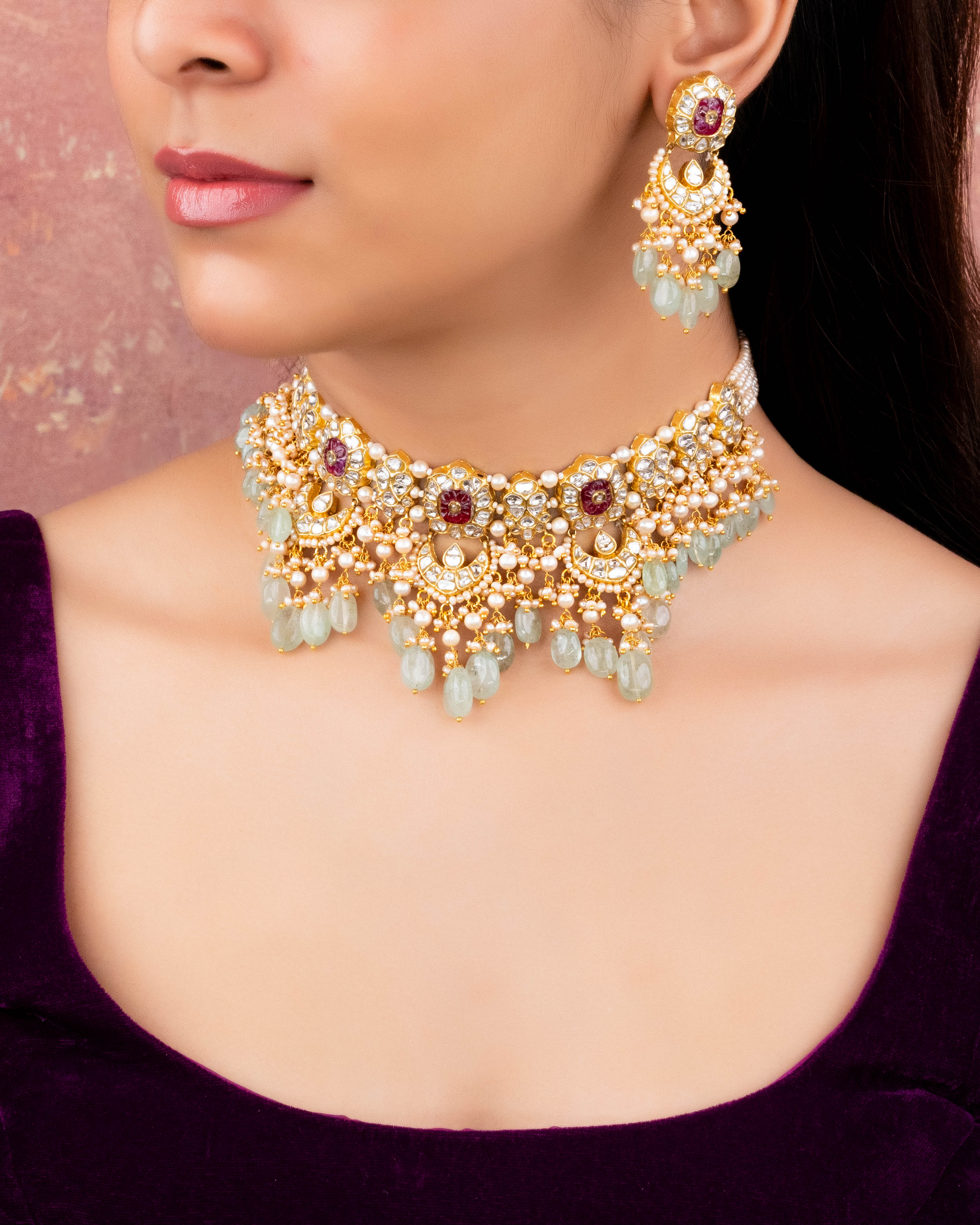 Prithi Choker And Rishima Chandbalis Polki Set