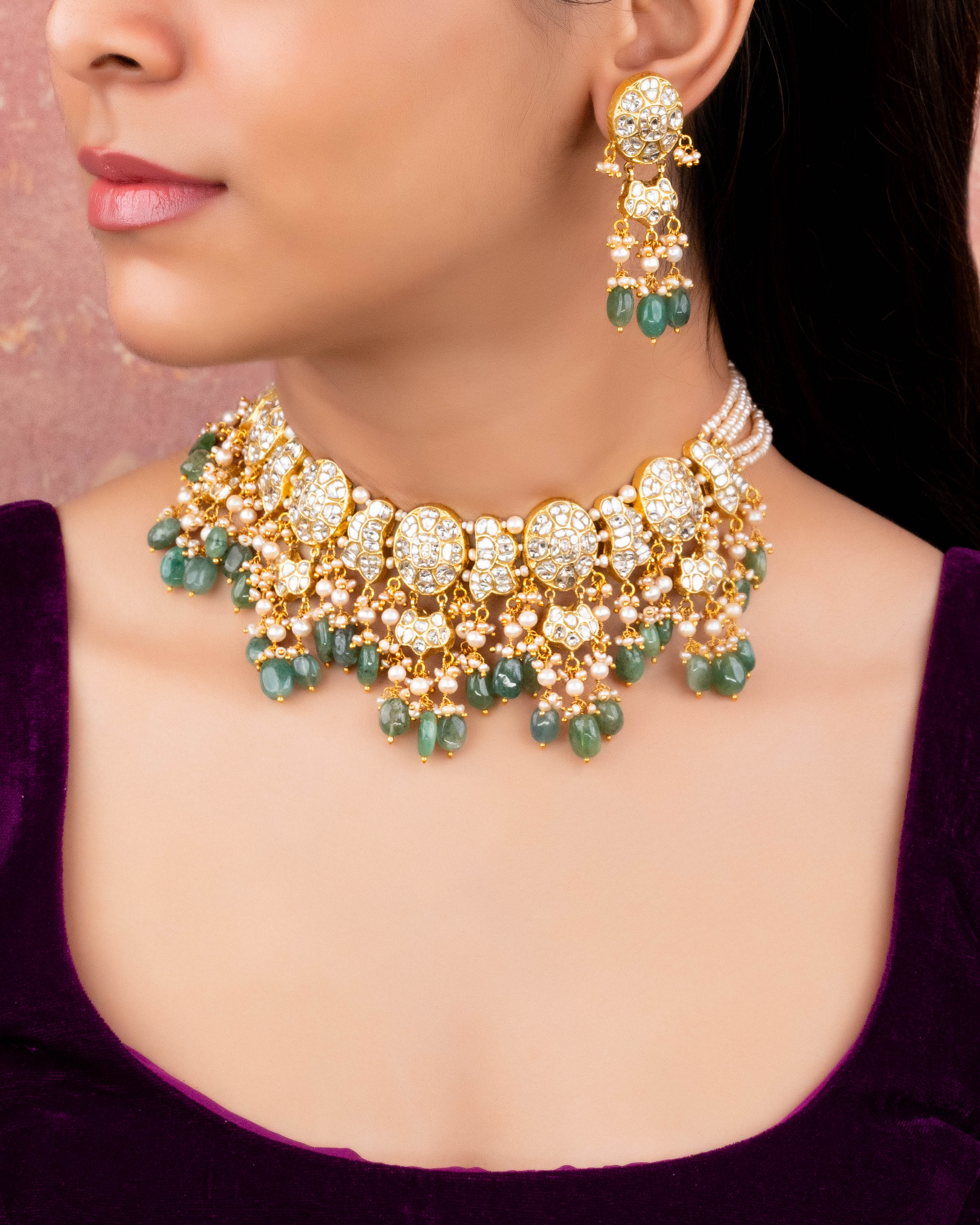 Aachal Necklace And Trayi Long Earrings Polki Set