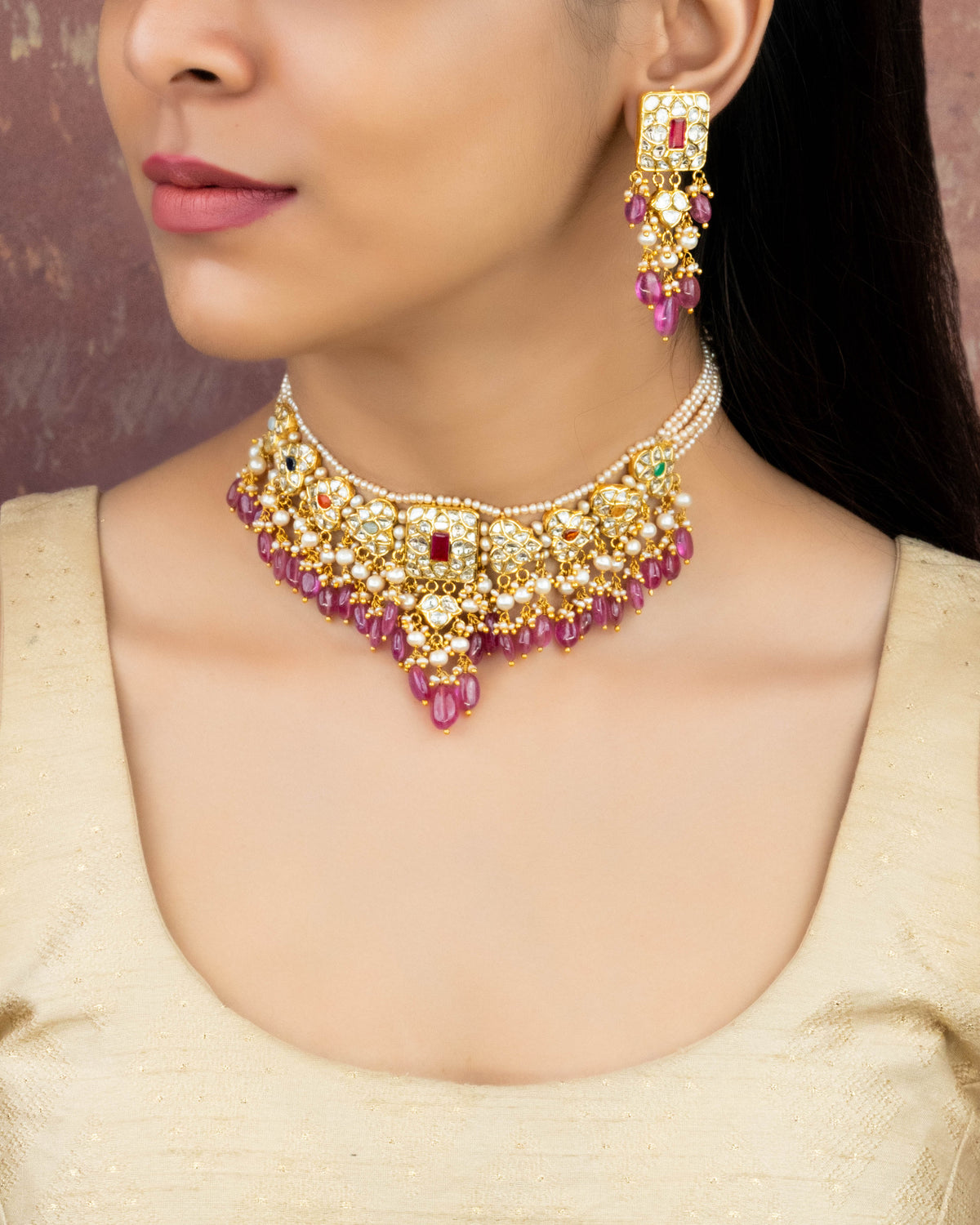 Ziya Necklace And Gia Long Earrings Polki Set