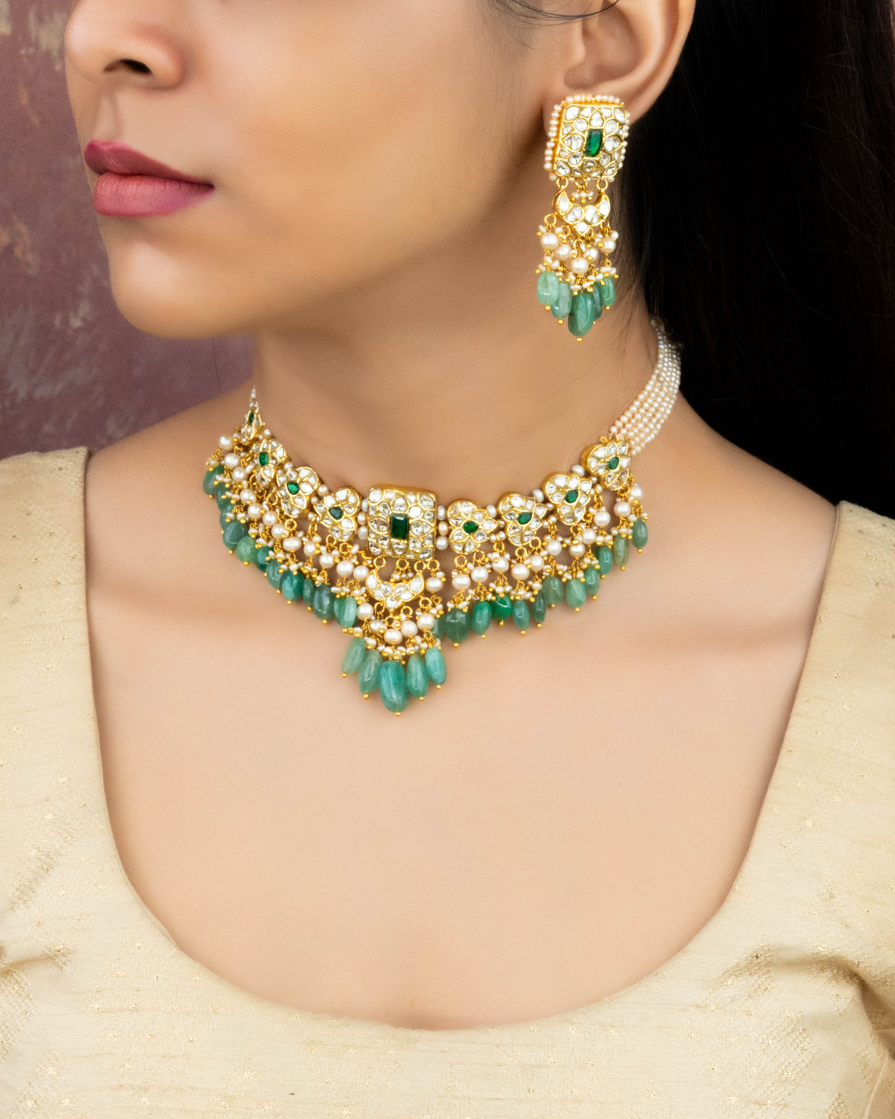 Ynez Necklace And Jeeya Chandbalis Polki Set