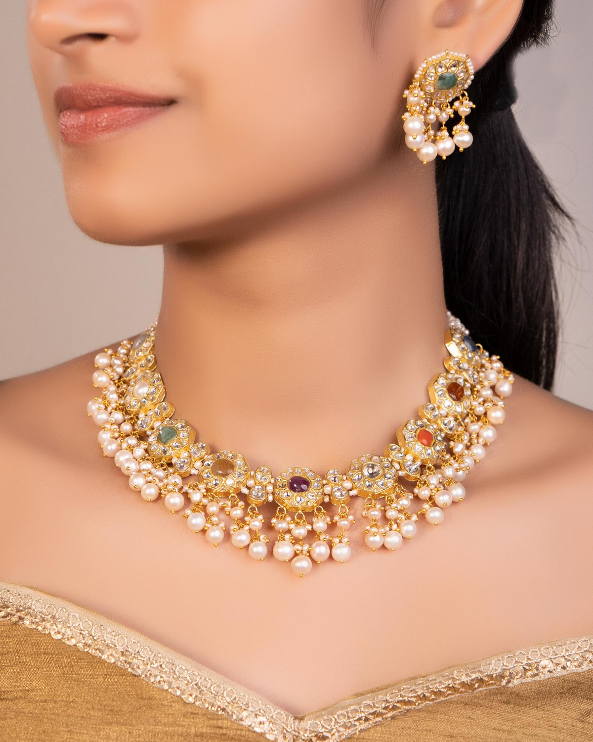 Nusrat Necklace And Earlina Tops Polki Set