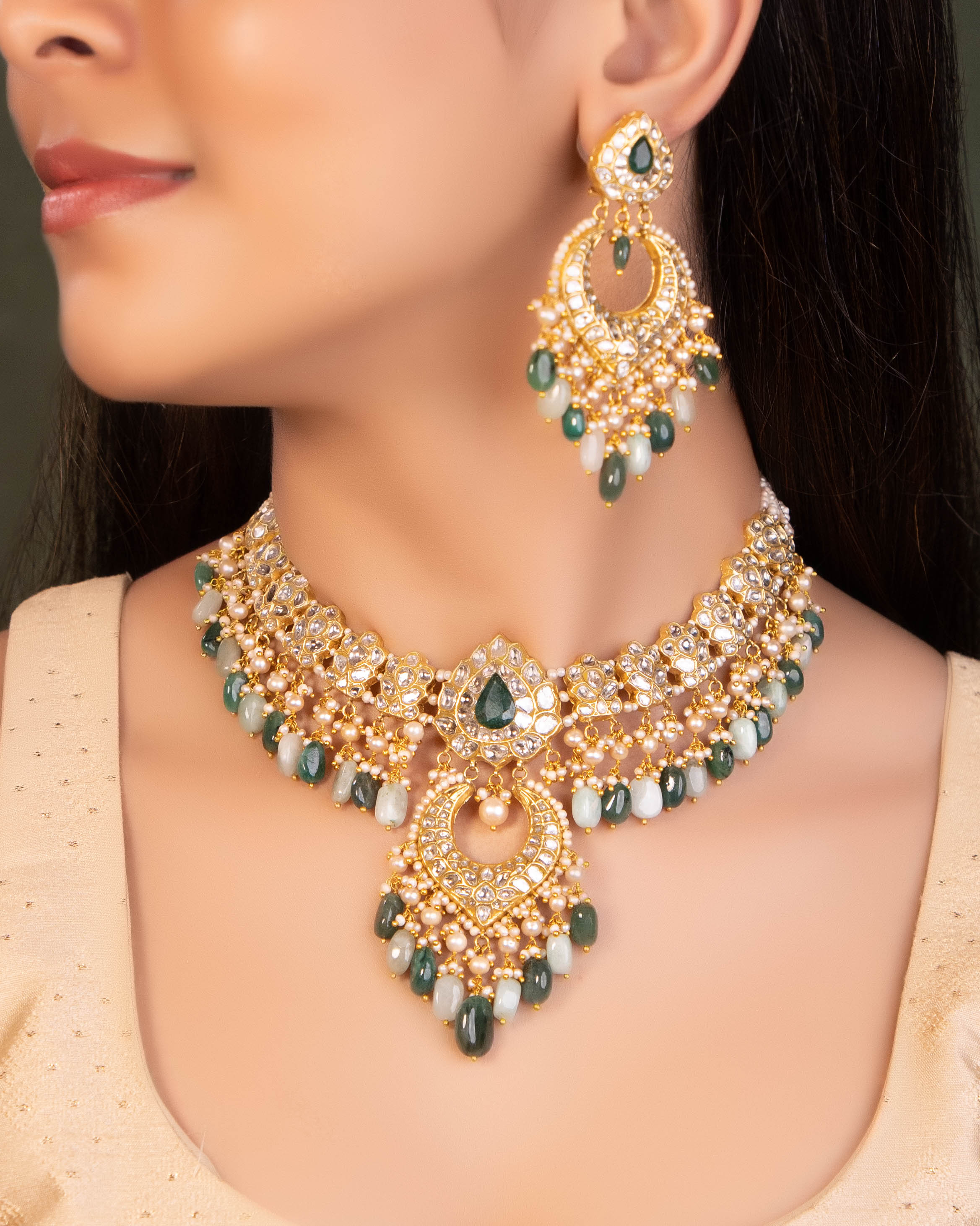Avani Necklace And Krishnavi Chandbalis Polki Set