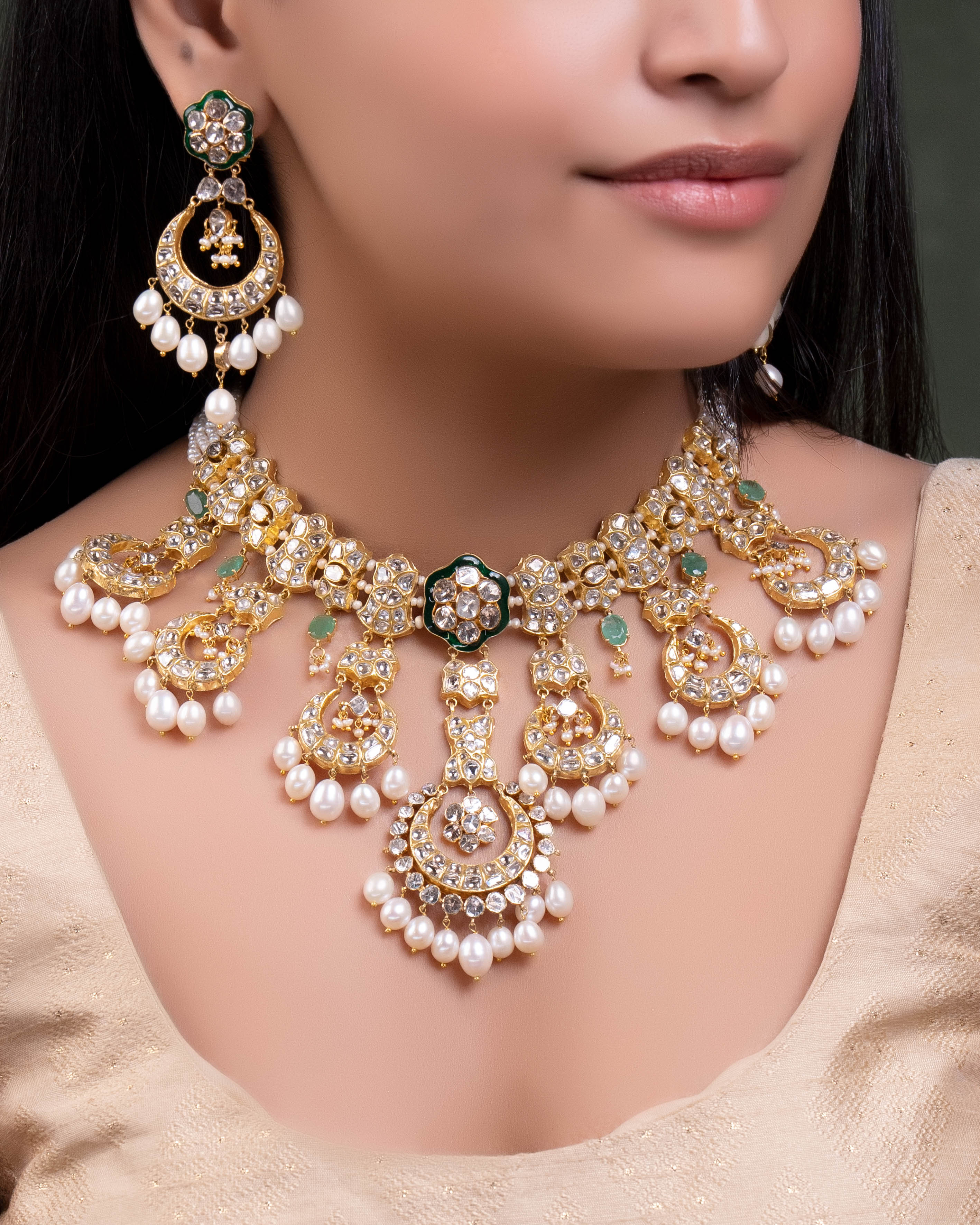 Mrunali Necklace And Aadhira Chandbalis Polki Set