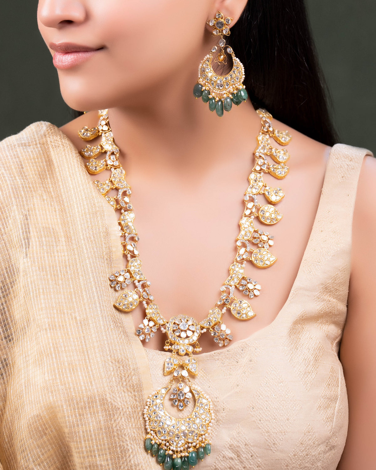 Sanaya Long Necklace And Aadhya Chandbalis Polki And Diamond Set