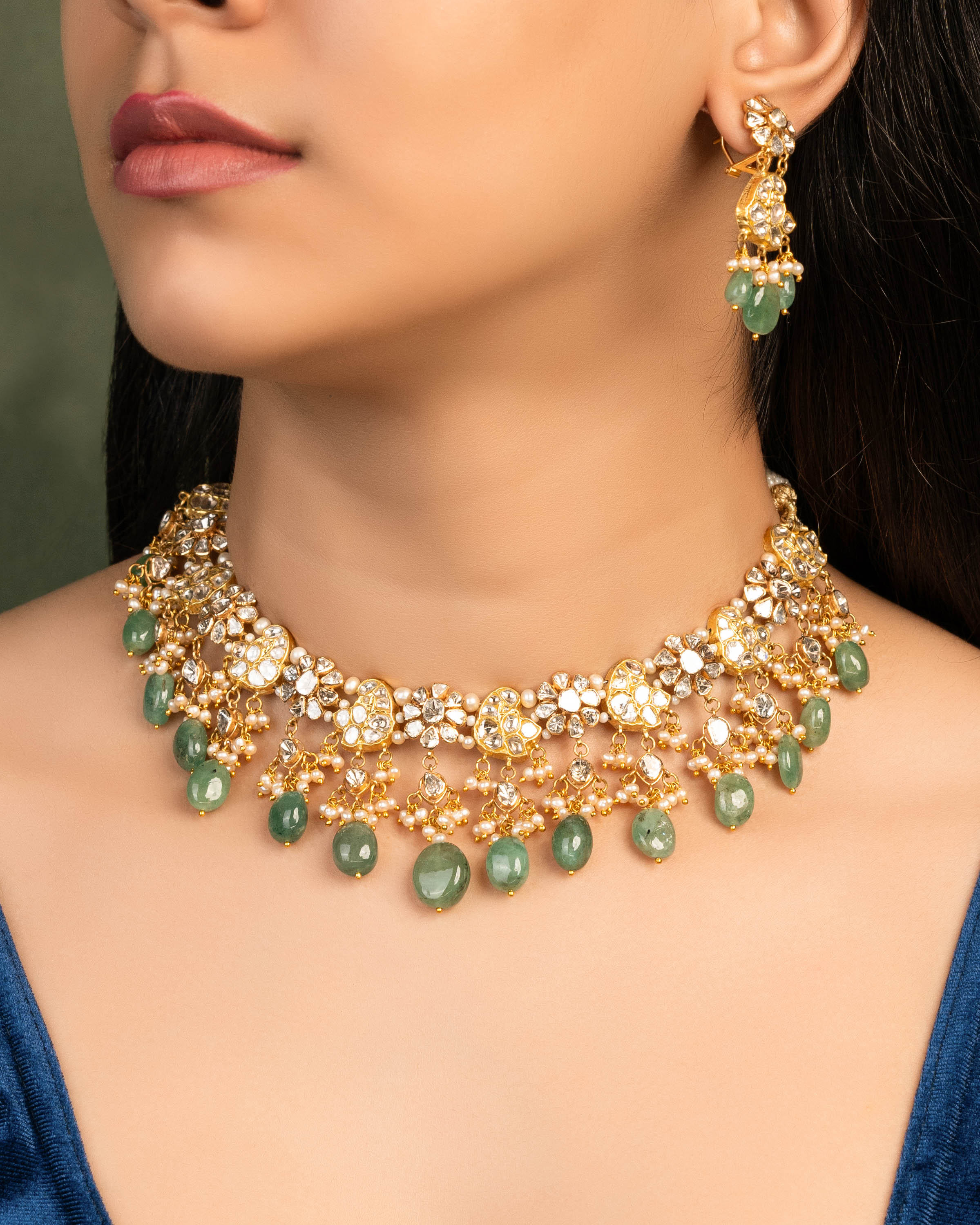 Tonia Necklace And Tanvi Long Earrings Polki Set Main image