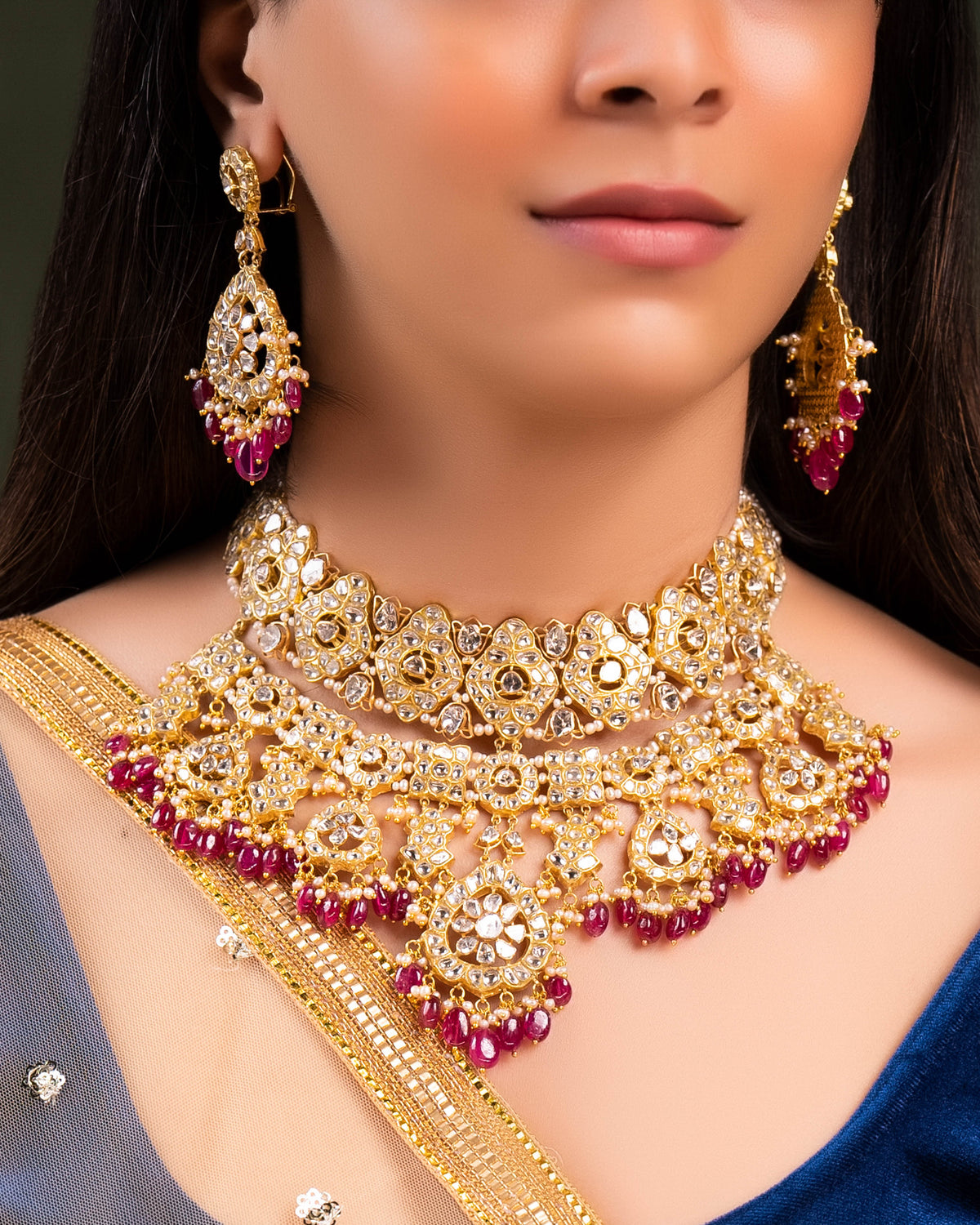Sage Necklace And Sanchi Long Earrings Polki Set