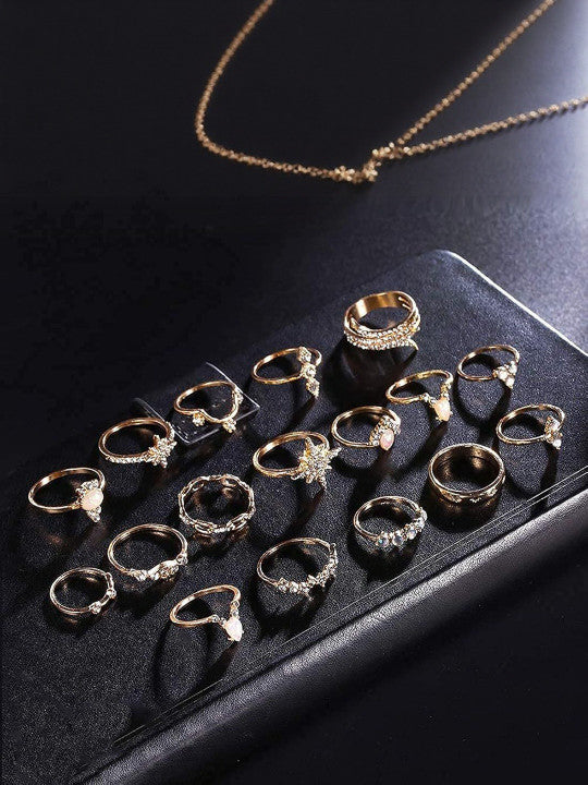 Women Set of 17 Gold-Plated AD Studded Floral Finger Rings