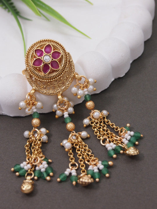 Gold-Plated Stone-Studded & Pearls Beaded Adjustable Dangle Finger Ring