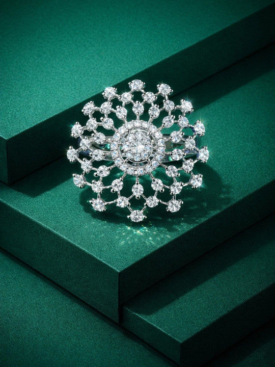 Women Floral Shaped Silver Plated American Diamond Studded Adjustable Ring