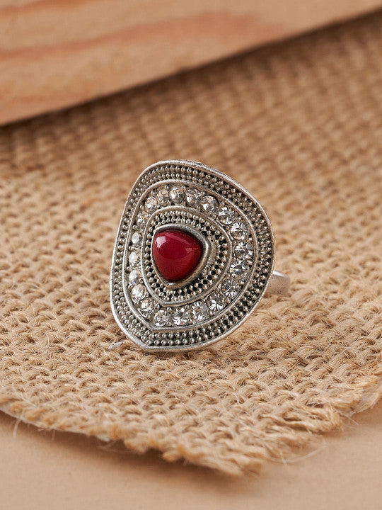 Dhani Silver Women Maroon Silver-Plated Gemstone Studded Ring Secondary image