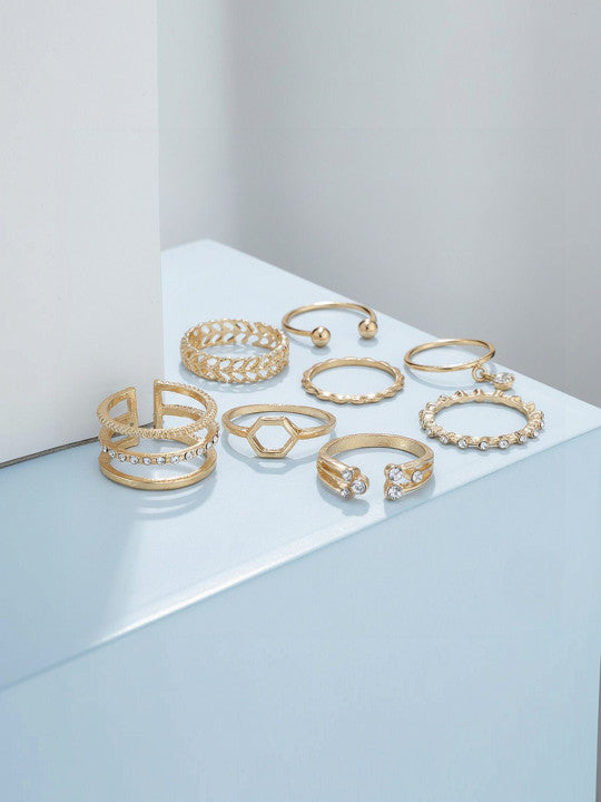 Set Of 8 Gold-Plated Cubic Zirconia-Studded Finger Rings