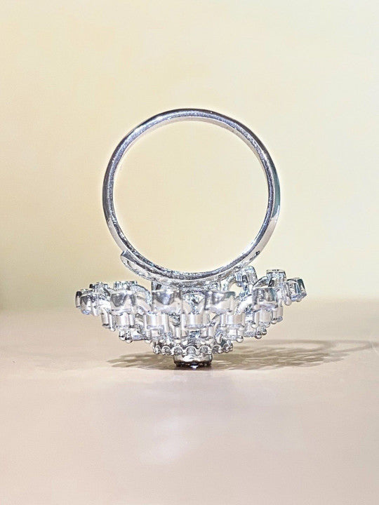 Women Floral Shaped Silver Plated American Diamond Studded Adjustable Ring