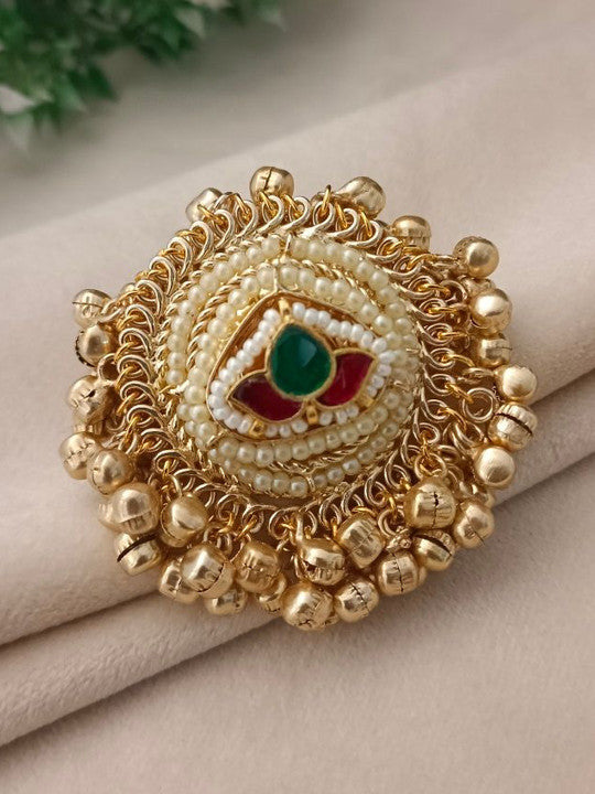 Gold-Plated & Pachi Kundan Studded Ghungroo Kashmiri Lotus Finger Ring