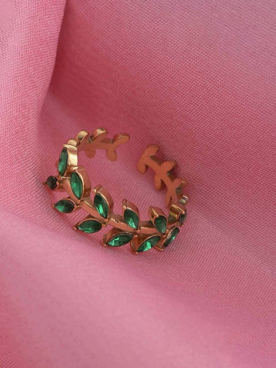 Gold-Plated Stainless Steel Cubic Zirconia Strone-Studded Leaf Shaped Finger Ring