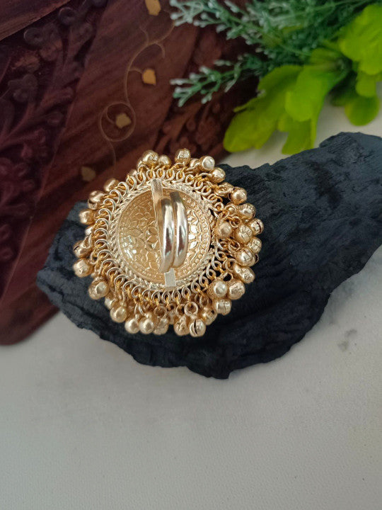 Gold-Plated & Pachi Kundan Studded Ghungroo Kashmiri Lotus Finger Ring