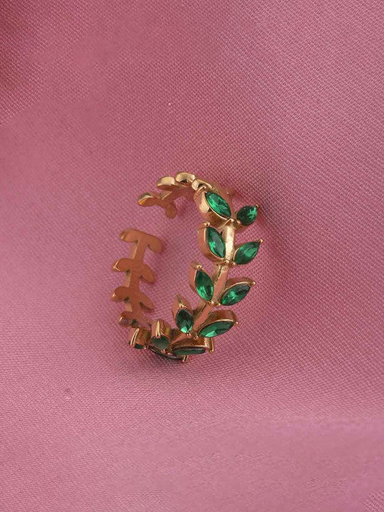 Gold-Plated Stainless Steel Cubic Zirconia Strone-Studded Leaf Shaped Finger Ring