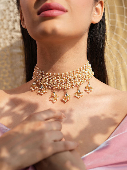 Varnika Gold Plated Pearl Beaded Layered Choker Necklace