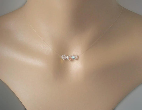 Dainty Triple Crystal Necklace, Three Aurora Borealis Imitation Diamonds on Transparent Cord, Floating Illusion Choker Handmade to order
