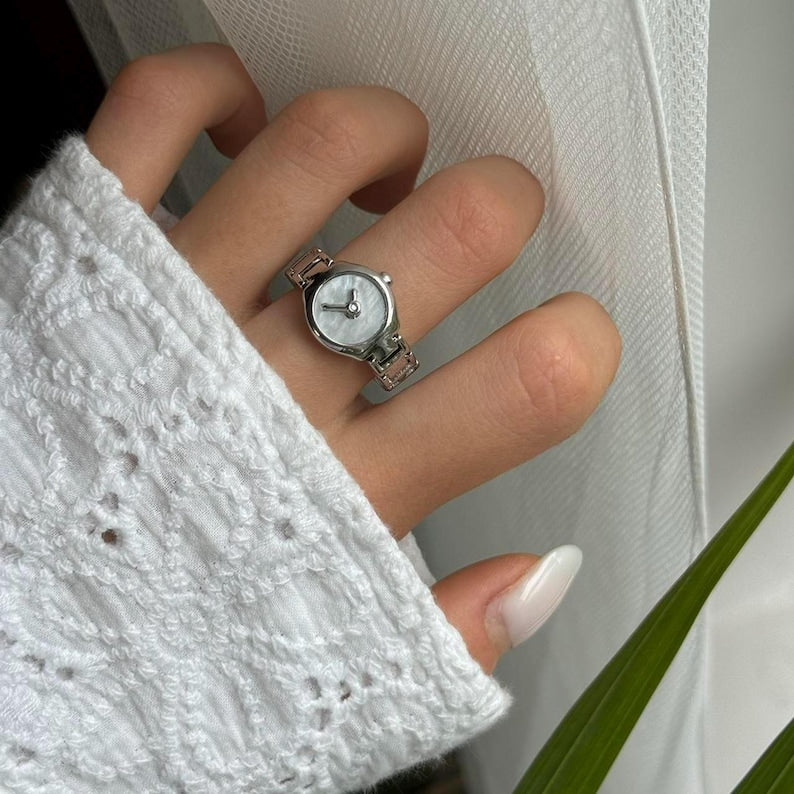 Silver/White Women Statement Watch Ring stainless steel (Watch imitation)+ gift box Main image