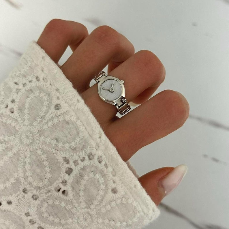Silver/White Women Statement Watch Ring stainless steel (Watch imitation)+ gift box