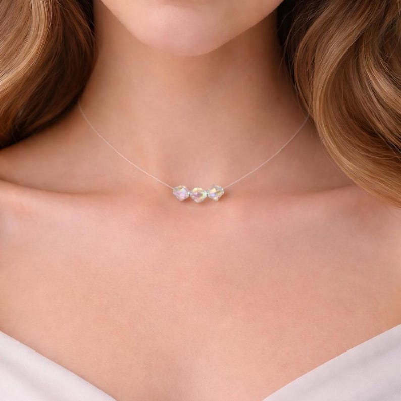 Dainty Triple Crystal Necklace, Three Aurora Borealis Imitation Diamonds on Transparent Cord, Floating Illusion Choker Handmade to order