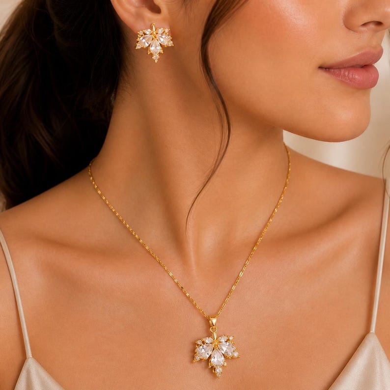 Gold Crystal Floral Jewelry Set, Bridal Necklace Earrings, Elegant Wedding Pendant
