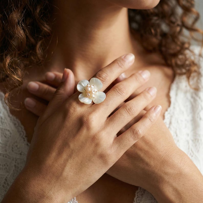 Natural Mother of Pearl Flower Statement Ring