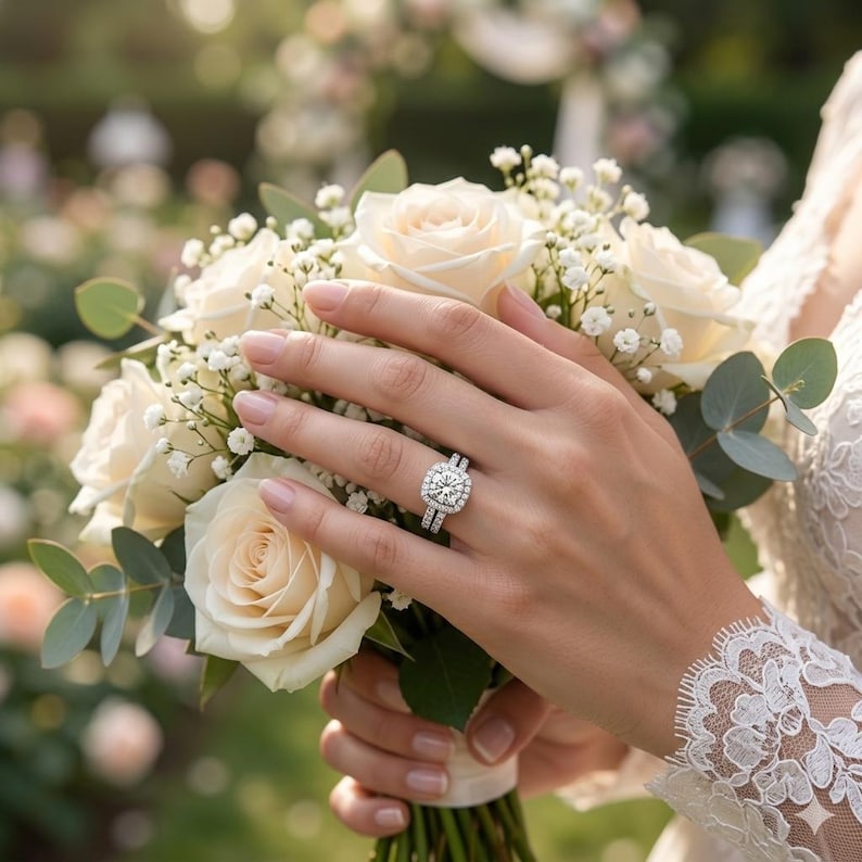 Silver Halo Zircon Engagement Ring, Double Band Bridal Set