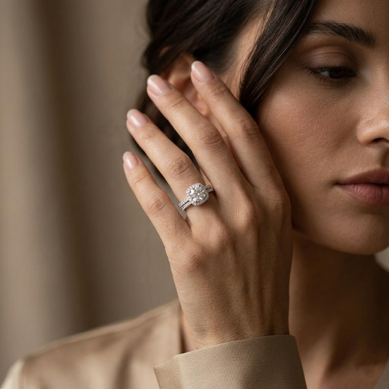Silver Halo Zircon Engagement Ring, Double Band Bridal Set Secondary image