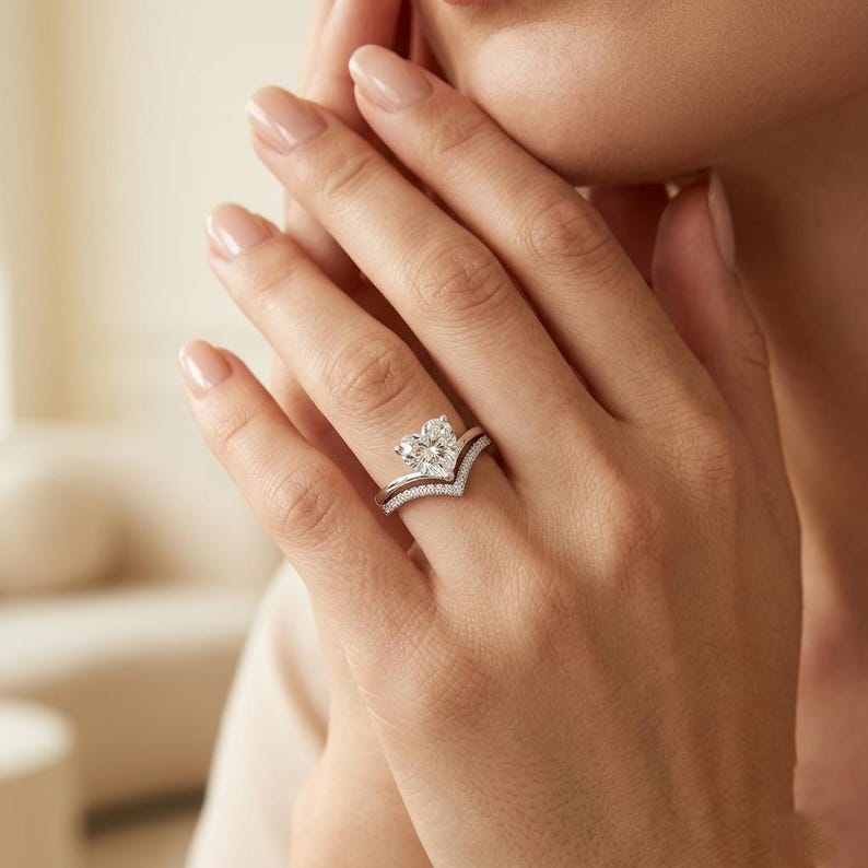 Heart Cut Cubic Zirconia Engagement Ring Set, V-Shaped Wedding Band