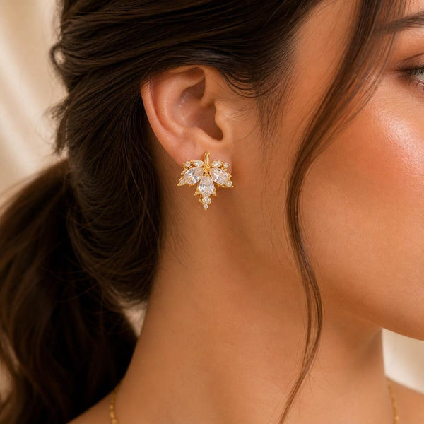 Gold Crystal Floral Jewelry Set, Bridal Necklace Earrings, Elegant Wedding Pendant