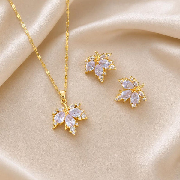 Gold Crystal Floral Jewelry Set, Bridal Necklace Earrings, Elegant Wedding Pendant