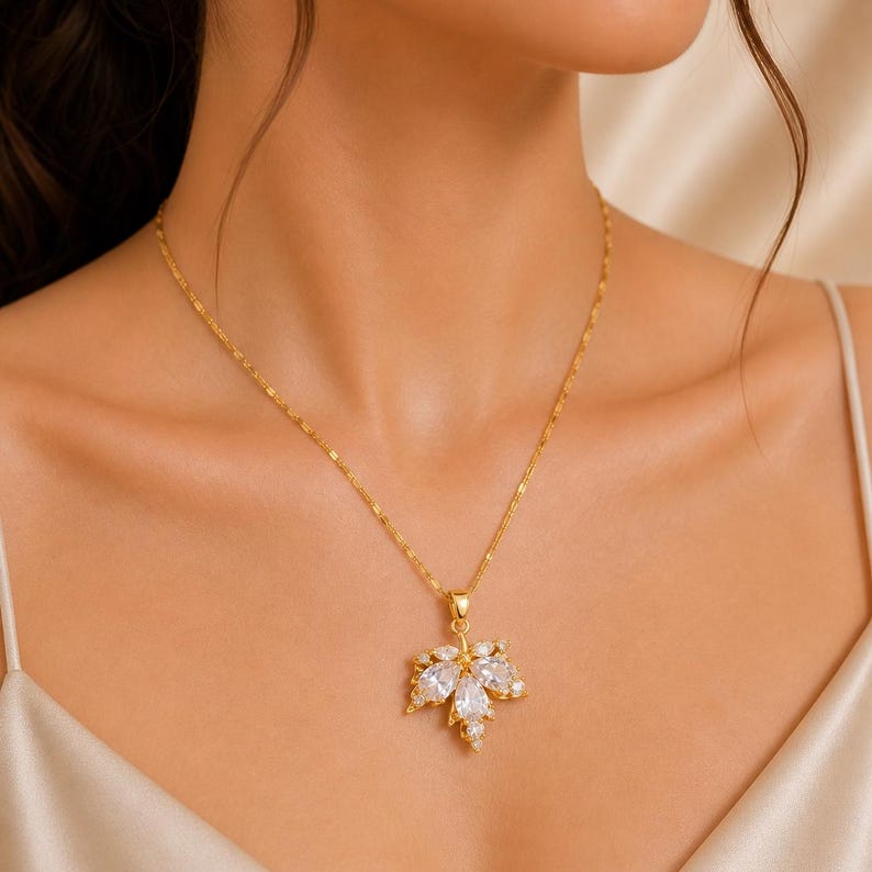Gold Crystal Floral Jewelry Set, Bridal Necklace Earrings, Elegant Wedding Pendant