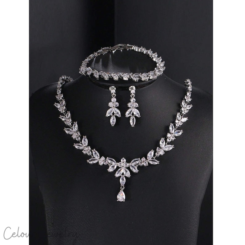 Cubic Zirconia Bridal Jewelry Set Silver Floral Necklace Earrings Bracelet