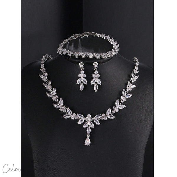Cubic Zirconia Bridal Jewelry Set Silver Floral Necklace Earrings Bracelet