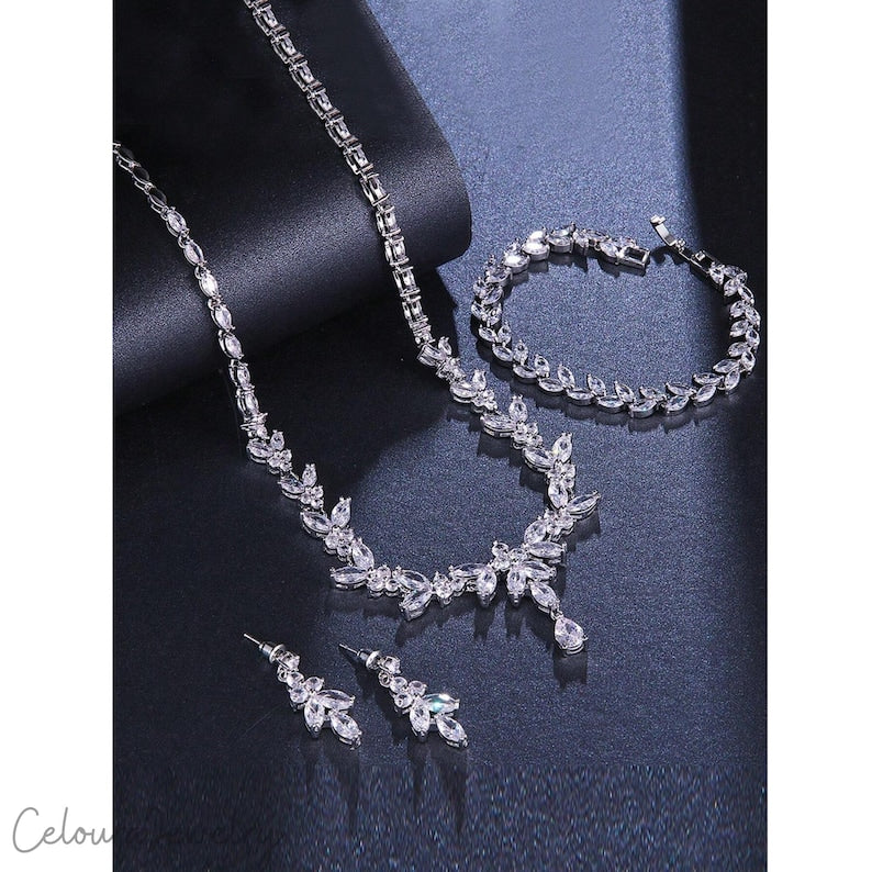 Cubic Zirconia Bridal Jewelry Set Silver Floral Necklace Earrings Bracelet Secondary image