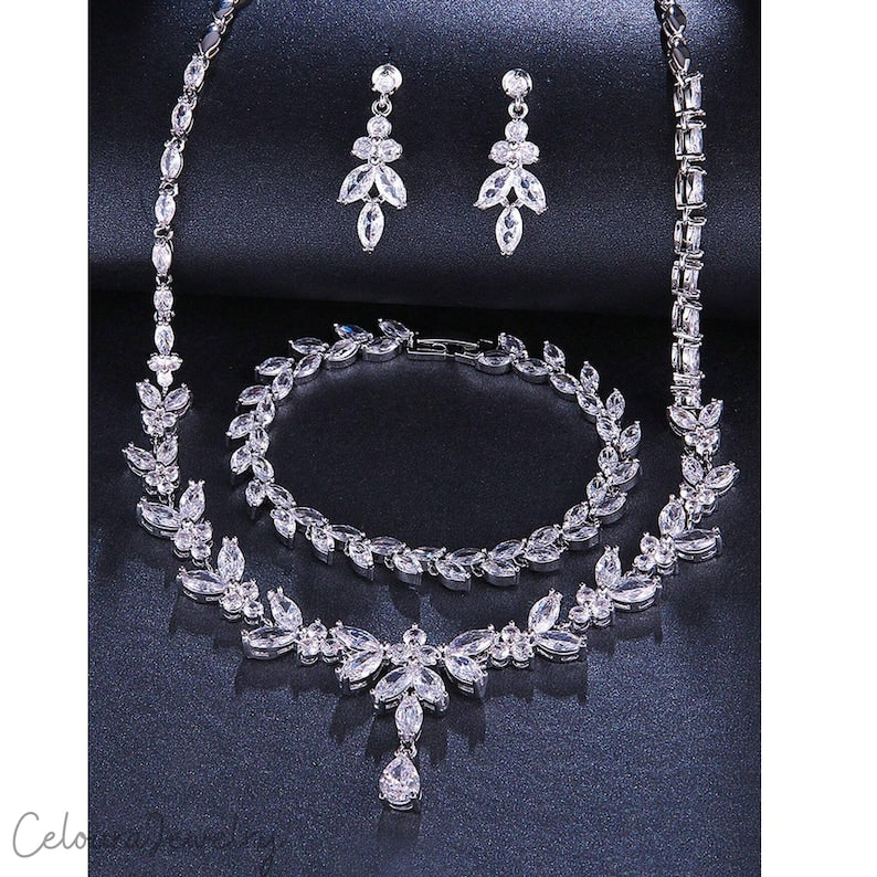 Cubic Zirconia Bridal Jewelry Set Silver Floral Necklace Earrings Bracelet