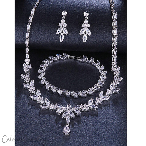 Cubic Zirconia Bridal Jewelry Set Silver Floral Necklace Earrings Bracelet
