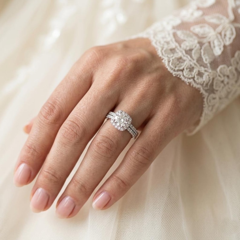 Silver Halo Zircon Engagement Ring, Double Band Bridal Set