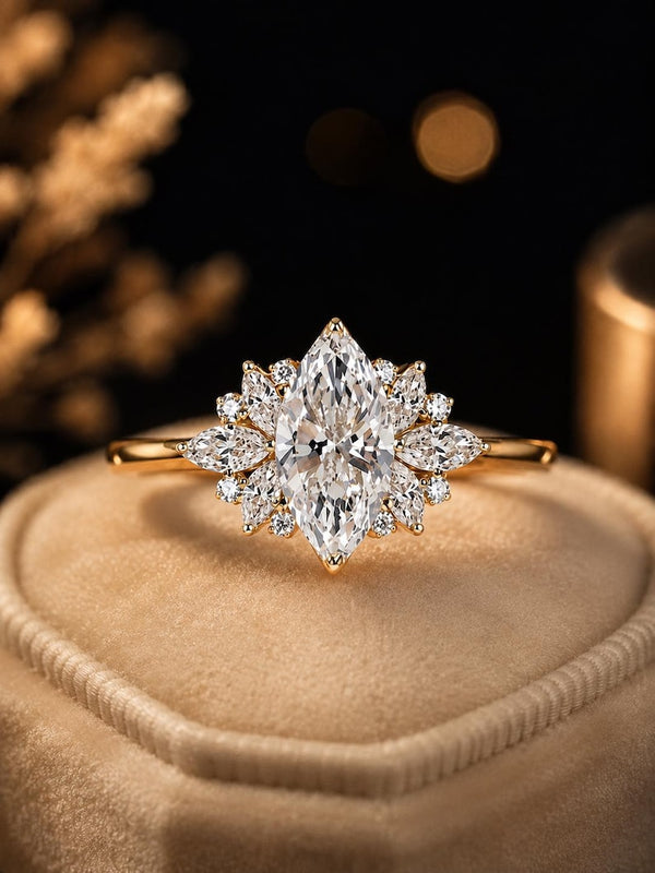 Sterling Silver Marquise Zircon Ring - Golden Finish