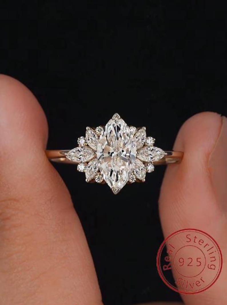 Sterling Silver Marquise Zircon Ring - Golden Finish